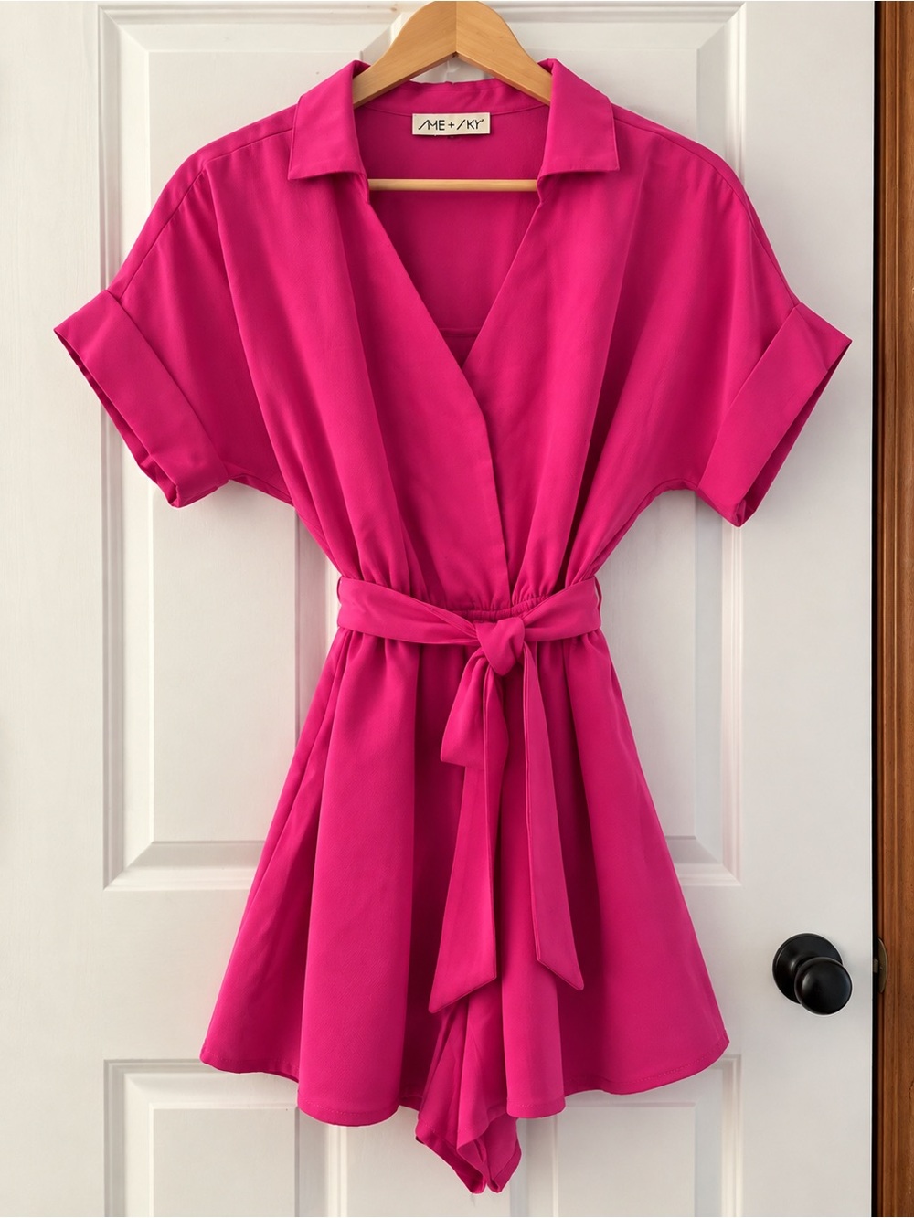 She + Sky Hot Pink Tie-Waist Mini Dress